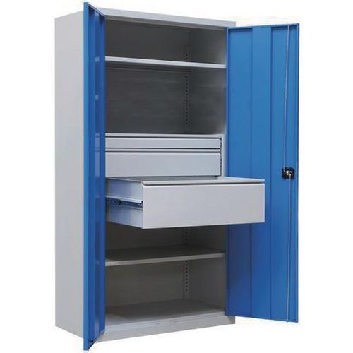 Armoire d'atelier métallique - 195x95x50 cm - 3 tiroirs - Acier robuste - Charge 35kg/tablette - Livrée montée