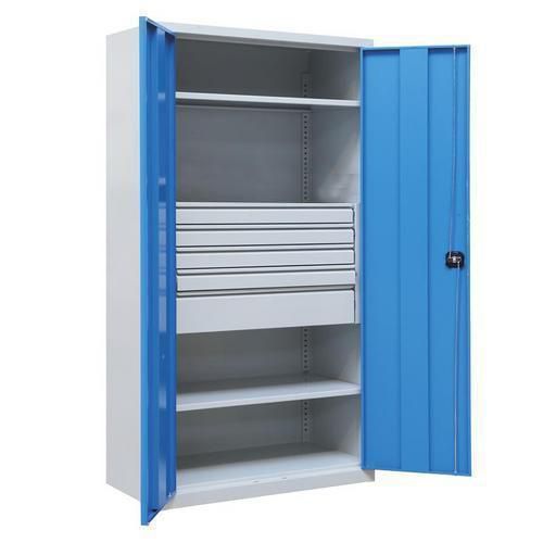Armoire d'atelier métallique - 195x95x50 cm - 5 tiroirs - Acier époxy - Charge 35kg/tablette - Serrure à clé