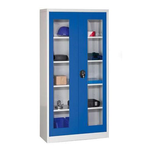 Armoire à outils - Atelier 195x95x40 cm - Portes bleues vitrées - Acier - 4 tablettes - Serrure à clé