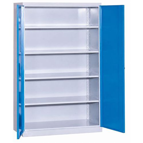 Armoire d'atelier en métal 199x120x60cm Gris/Bleu - 4 tablettes 100kg/tablette - Charge totale 400kg - Acier robuste