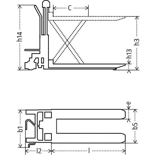 l = fourche longueure = fourche largeurh14 = poignée hauteurh13 = hauteur de levée minih3 = hauteur de levée maxib5 = fourches écartement ext.