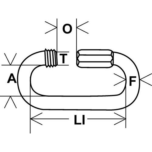 A = Largeur intérieureF = Section ØLI = Longueur intérieureO = OuvertureØT = Filetage Ø A = Largeur intérieureF = Section ØLI = Longueur intérieureO = OuvertureØT = Filetage Ø