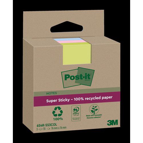 Lot 3 x70feuilles recyclées Post-it Super Sticky 76x76mm clr thumbnail image 1