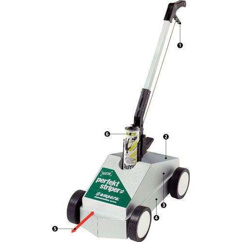 1 - Poignée ergonomique permettant une pression constante sur l'aérosol2 - Bac de rangement pour 5 aérosols3 - Chassis renforcé4 - Pare-vent5 - Flèche de guidage réglable pour suivre le prétraçage 1 - Poignée ergonomique permettant une pression constante sur l'aérosol2 - Bac de rangement pour 5 aérosols3 - Chassis renforcé4 - Pare-vent5 - Flèche de guidage réglable pour suivre le prétraçage