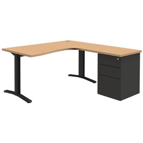 Quadrifoglio - Bureau compact retour gauche Pure - 160cm Chêne et Gris Foncé - 3 tiroirs dont 1 à dossiers - Style Classique