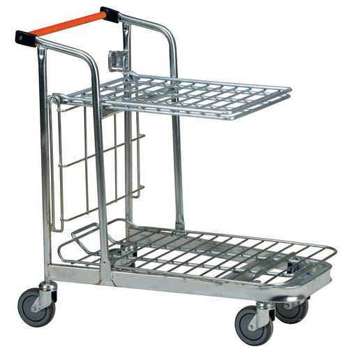 Chariot de manutention 2 plateaux fil d'acier 900x500 mm capacité 500 kg roulettes caoutchouc 125 mm 2 fixes 2 pivotantes idéal entrepôt et logistique