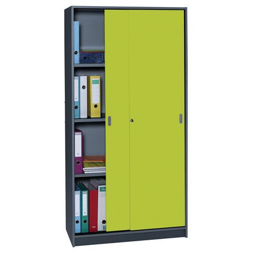 Armoire de bureau portes coulissantes Vert clair Anthracite H. 180 cm 3 tablettes Panneau particules
