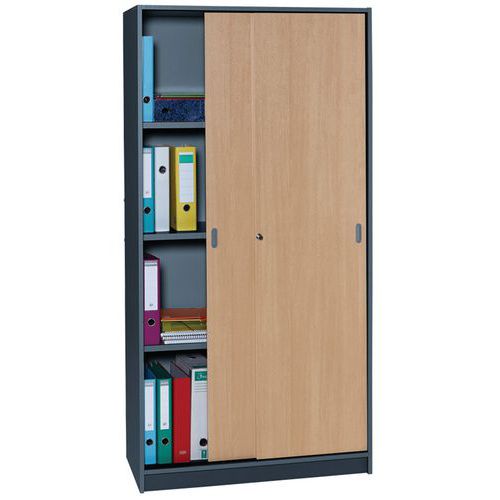 Armoire de bureau portes coulissantes Anthracite H. 180 cm - 3 tablettes réglables - Structure bois panneau particules - Rangement spacieux
