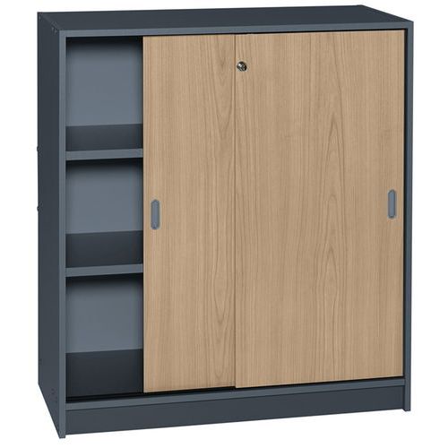 Armoire de bureau portes coulissantes Anthracite H. 100 cm - 3 tablettes - Bois et Hêtre - Montage facile
