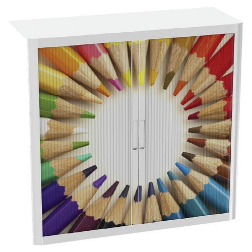 Armoire Easy Office H.104cm Corps Blanc Rideaux Crayons Couleurs