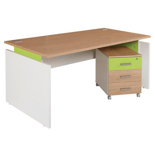 Simmob - Bureau droit Linéo 120cm Chêne/Anis - Caisson 3 tiroirs - Éco-responsable