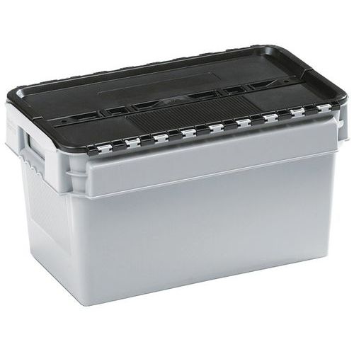 Curtec - Bac de Rangement 25L Gris Polypropylène - Couvercle Intégré Noir - Usage Alimentaire - Robuste et Empilable