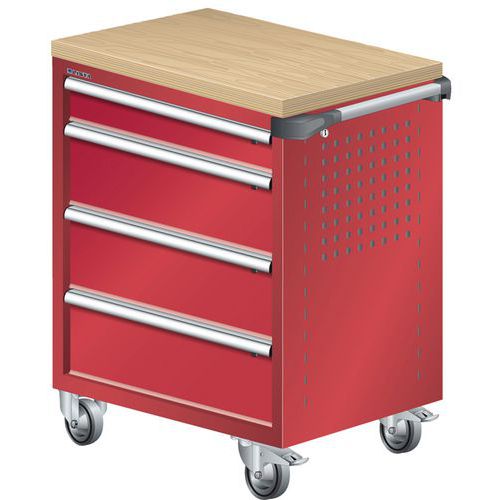 A257445 - Chariot Atelier Revêtement Bois Multiplex - 4 Tiroirs -rouge