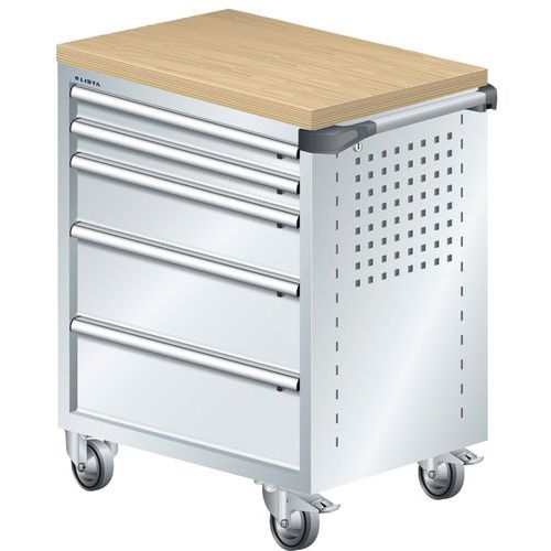 A257524 - Chariot Atelier Revêtement Bois Multiplex - 5 Tiroirs - Gris