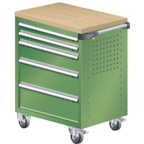 A257525 - Chariot Atelier Revêtement Bois Multiplex - 5 Tiroirs - Vert