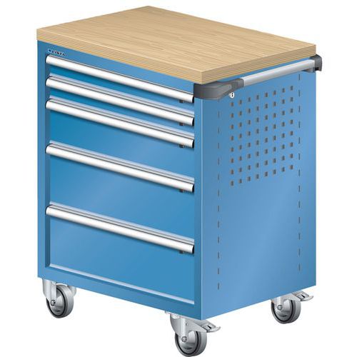 A257526 - Chariot Atelier Revêtement Bois Multiplex - 5 Tiroirs - Bleu