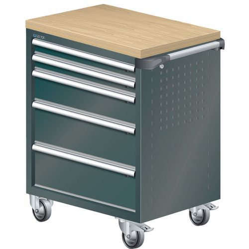 A257528 - Chariot Atelier Revêtement Bois Multiplex - 5 Tiroirs - Noir