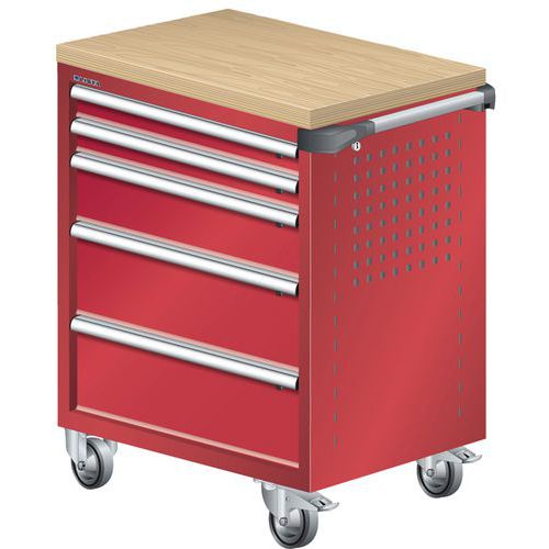 A257529 - Chariot Atelier Revêtement Bois Multiplex - 5 Tiroirs - Rouge