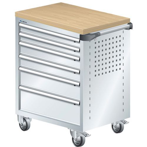 A257752 - Chariot Atelier Revêtement Bois Multiplex - 6 Tiroirs - Gris