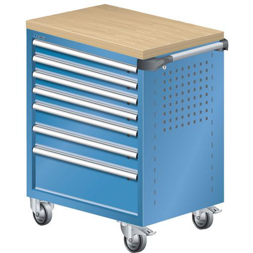 A257898 - Chariot Atelier Revêtement Bois Multiplex - 7 Tiroirs - Bleu