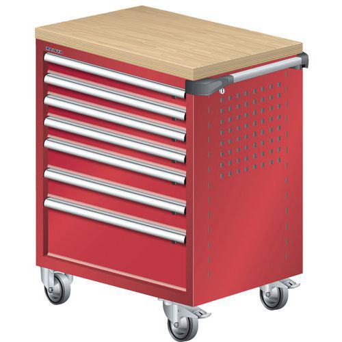 A257901 - Chariot Atelier Revêtement Bois Multiplex - 7 Tiroirs -rouge