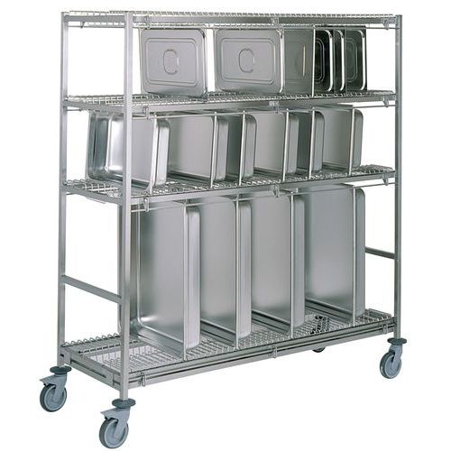 Chariot porte bac GN petit modèle 38 cases par niveau - Hauteur 1705mm - Largeur 620mm - Longueur 1270mm - Roulettes 125mm