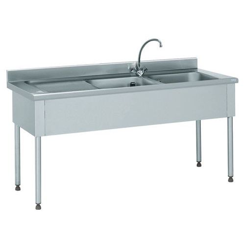 Évier de cuisine professionnel 2 bacs + égouttoir droit 50x50cm Gris - Acier inoxydable - Idéal restauration