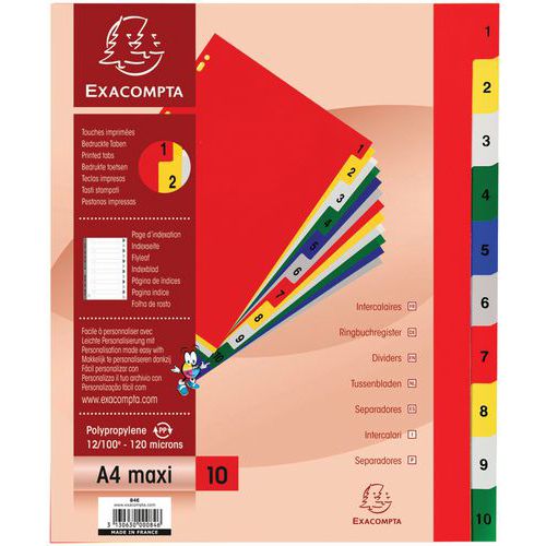 Intercalaires 1-10 A4+ Pp Onglets Imprimés Couleurs