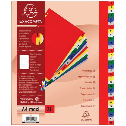 Intercalaires 1-31 A4+ Pp Onglets Imprimés Couleurs