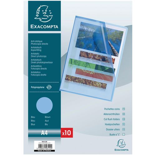 Sachet 10 Pochettes Coin Pp Grainé 12/100e A4 Bleu