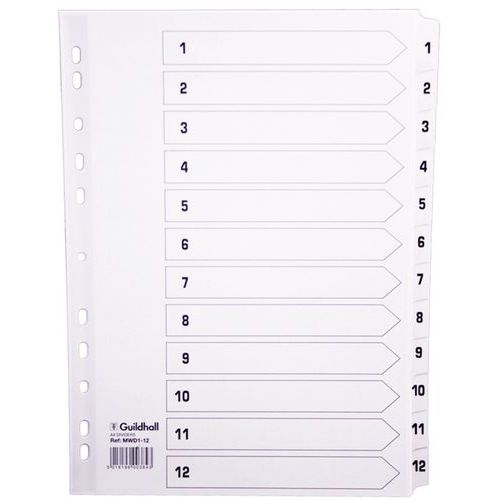 Set 12 Intercalaires à Touches Plastifiées 1 à 12 A4 Blanc