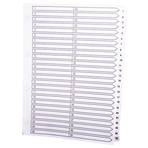 Set 50 Intercalaires à Touches Plastifiées 1 à 50 A4 Blanc