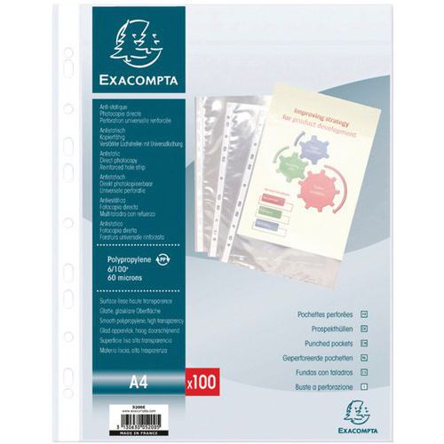 Sachet de 100 pochettes perforées PP lisse 6/100e A4 Sachet de 100 pochettes perforées PP lisse 6/100e A4