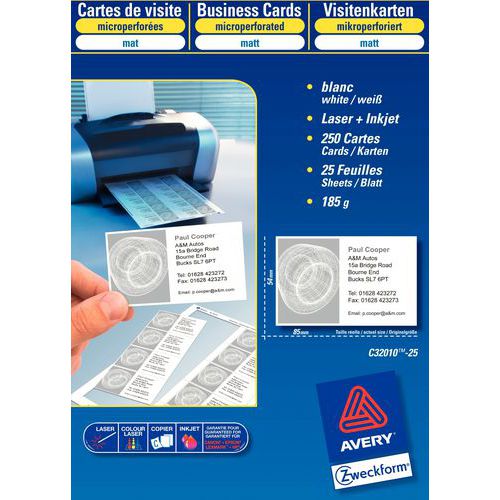 Lot De 250 Cartes De Visite Micro-perforee 85x54 185g/m2