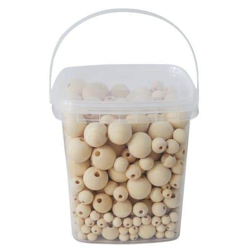 Seau de 600 perles rondes bois naturel, tailles assorties thumbnail image 1