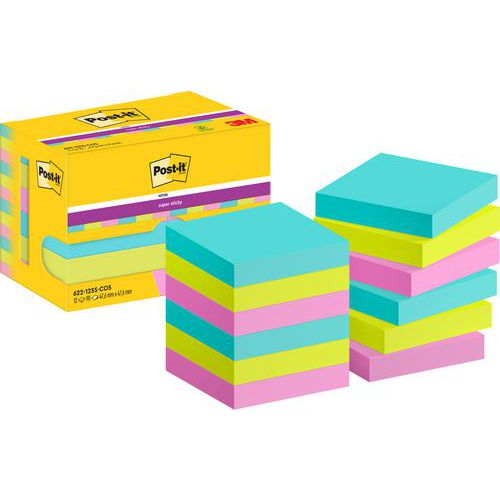 Post-it - Notes Super Sticky 47.6 mm x 47.6 mm - 12 blocs assortis Cosmic - 90 feuilles/bloc - Idéal bureau et organisation