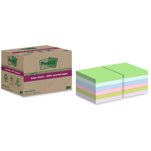 Post-it - Notes Super Sticky Recyclées 76x76mm - 12 Blocs Assortis - 70 Feuilles/Bloc - Idéal Bureau