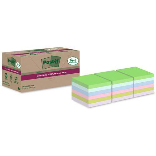 Post-it - Notes Super Sticky Recyclées 76x76mm - 18 blocs assortis - 70 feuilles/bloc - Idéal bureau