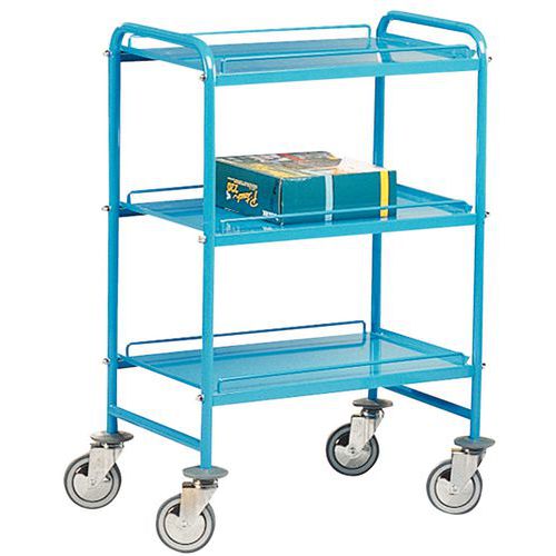 Chariot de manutention 3 plateaux tôle - Capacité 150kg - Roulettes caoutchouc Ø125mm - Structure acier bleu - 695x405mm