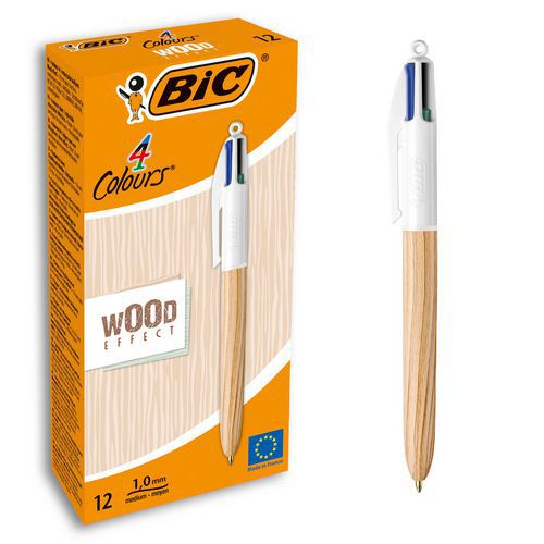 Lot De 12 Stylos Bic 4 Couleurs Rétractables Wood Style