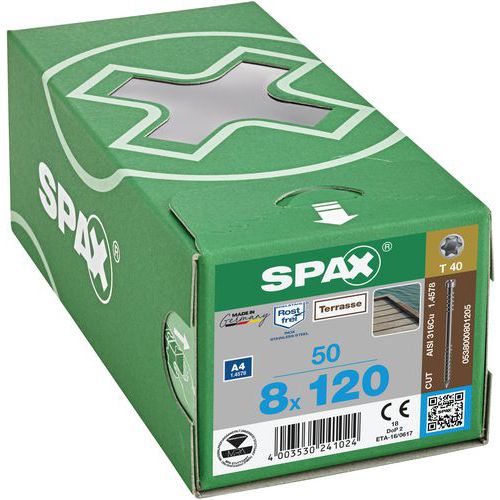 Boite de 50 vis pour terrasse à tête cylindrique TX Ø 8 mm - Spax Boite de 50 vis pour terrasse à tête cylindrique TX Ø 8 mm - Spax