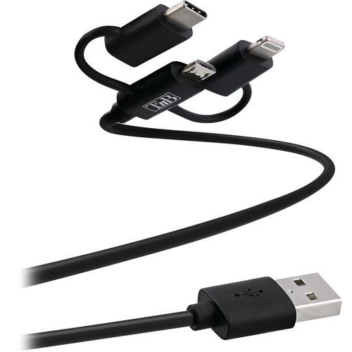 TNB - Câble Lightning 3 en 1 Noir 150 cm - 3 Connecteurs Universels - Charge Rapide et Durable