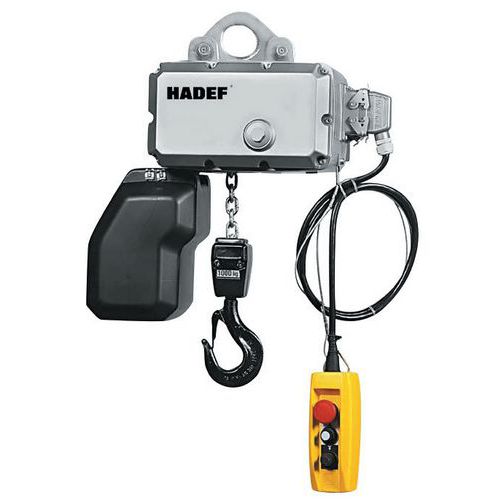 Palan électrique 2 brins fixe à crochet - Levée 6m - Hadef - Force 1000 kg - Triphasée / 3 x 400 V - 50 Hz - 1Am