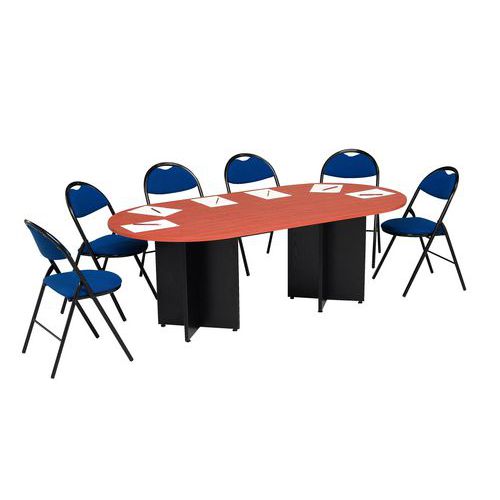 2 tables 1/2 ovales avec plateau merisier et pieds croix 2 tables 1/2 ovales avec plateau merisier et pieds croix