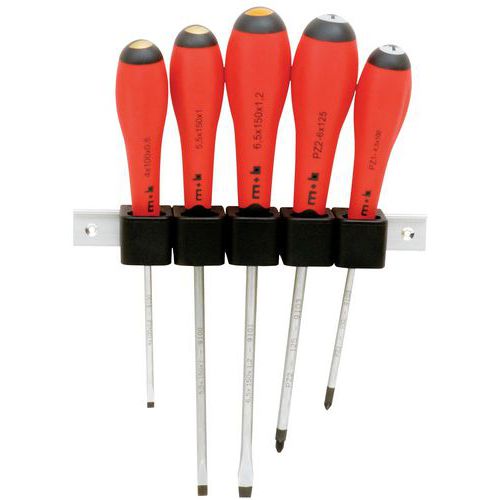 Jeu de 5 tournevis sur reglette fente + phillips - Mob Jeu de 5 tournevis sur reglette fente + phillips - Mob