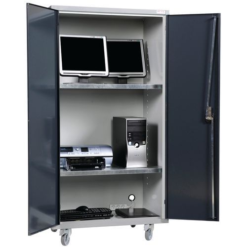 Armoire mobile métal électrifiée 176cm Anthracite RAL 7016 - 2 tablettes 100kg - Bureau