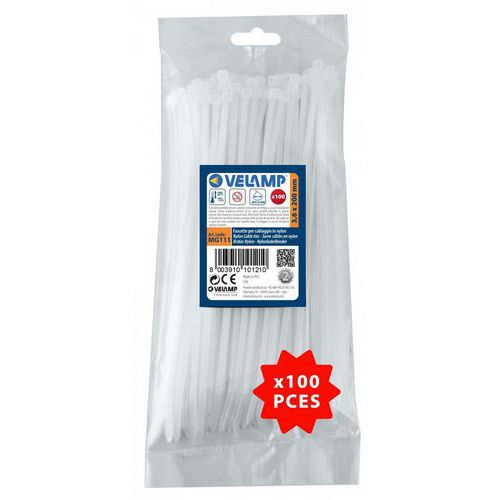 Velamp - Colliers de fixation nylon blancs 3,6x200mm - Lot de 100 - Recyclables et résistants