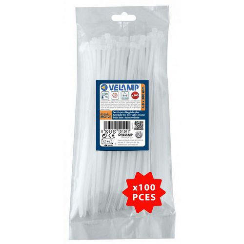 Velamp - Colliers de fixation nylon blancs 4,8x300mm - Lot de 100 - Résistants et recyclables