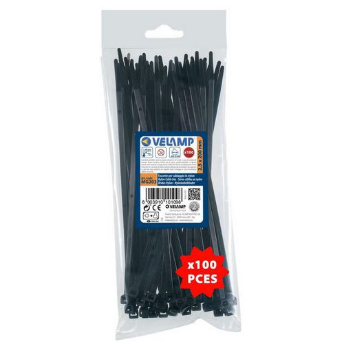 Velamp - Colliers de fixation nylon noirs 2,5x200mm - Lot de 100 - Recyclables et résistants - Quincaillerie