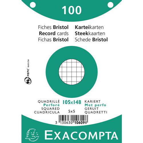 Fiches sous film - bristol quadrillé 5x5 perforé 105x148mm Fiches sous film - bristol quadrillé 5x5 perforé 105x148mm